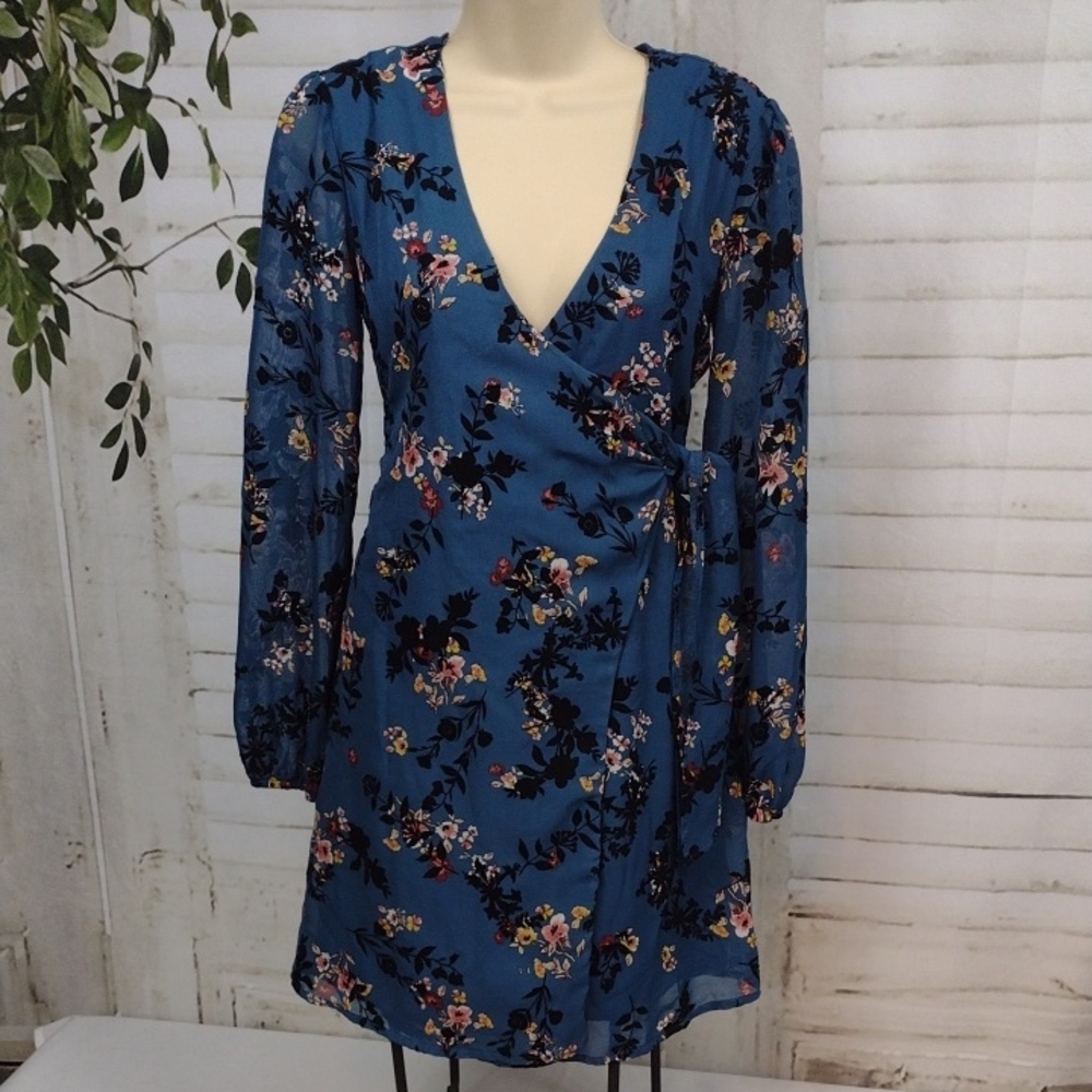 miami Blue Floral Wrap Mini Dress with Long Sleeves Size XS
